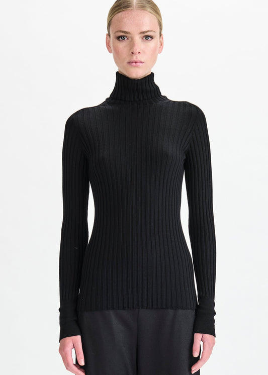 Woman wearing a black ribbed turtleneck sweater on a white background