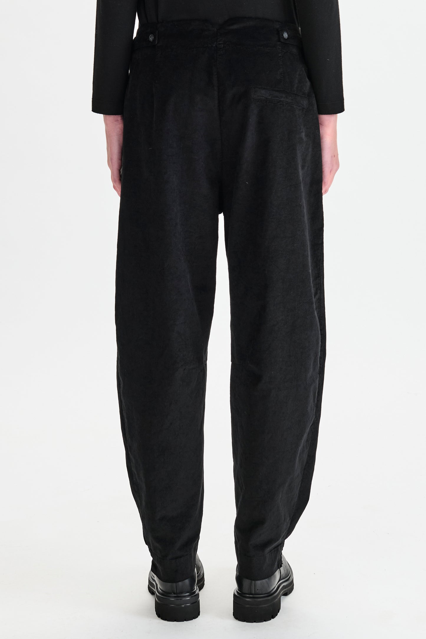 COTTON VELVET PLEAT FRONT PANT.  BLACK