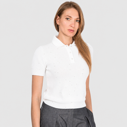 SEQUIN POLO KNIT IN OFF WHITE
