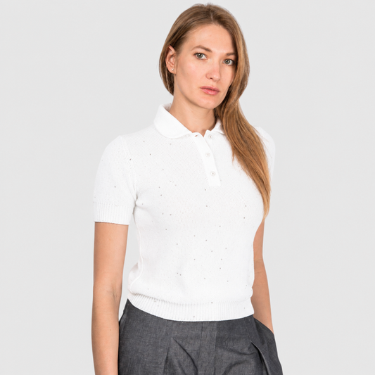 SEQUIN POLO KNIT IN OFF WHITE