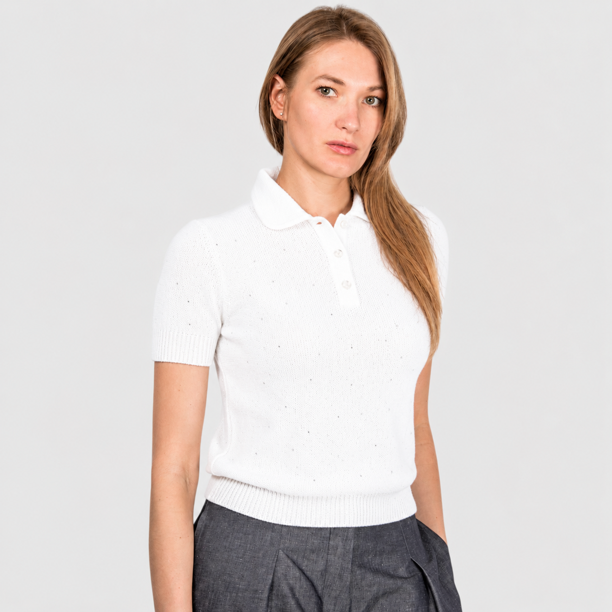 SEQUIN POLO KNIT IN OFF WHITE