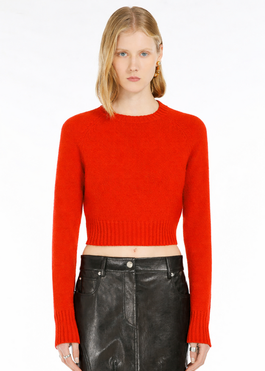 Person wearing a red sweater and black leather skirt on a white background