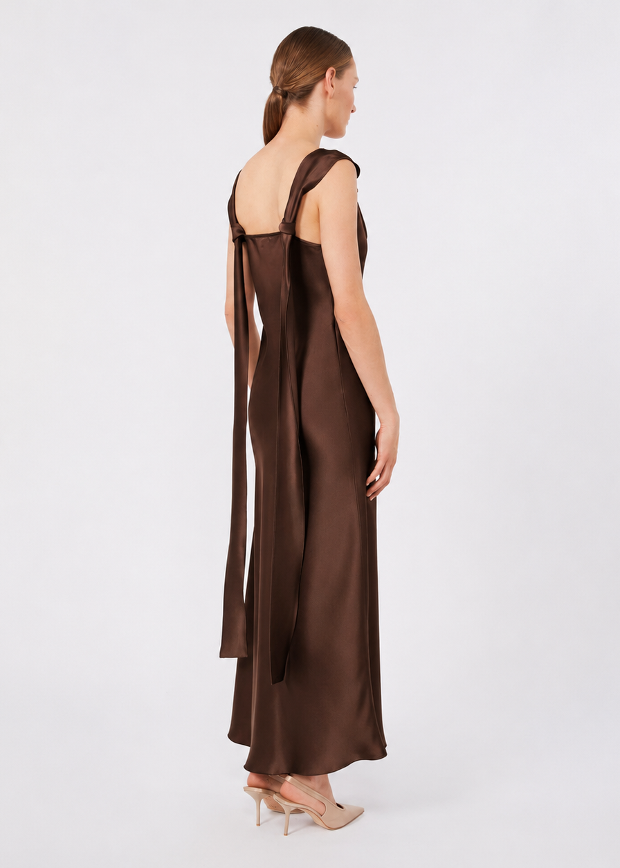 MSEDONO CHOCOLATE COWL ENVERS SATIN NECK DRESS W TIES