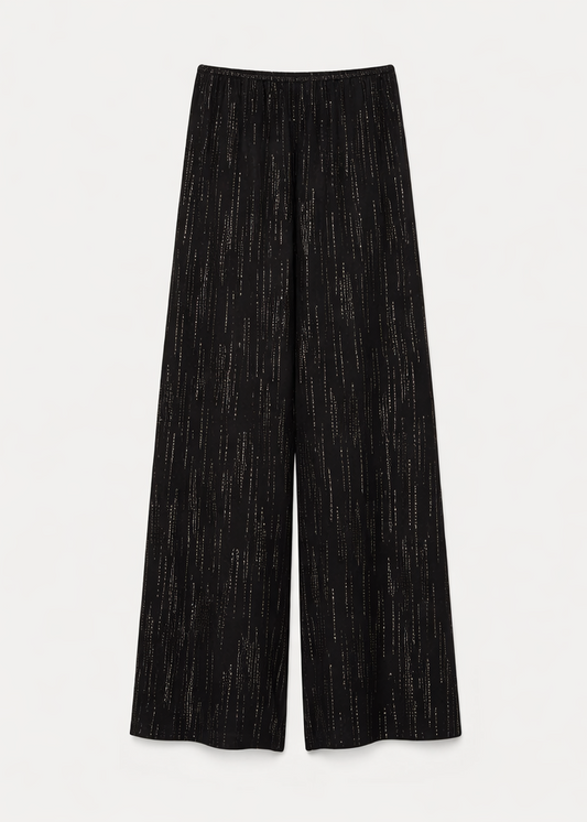 Black wide-leg pants on a light gray background