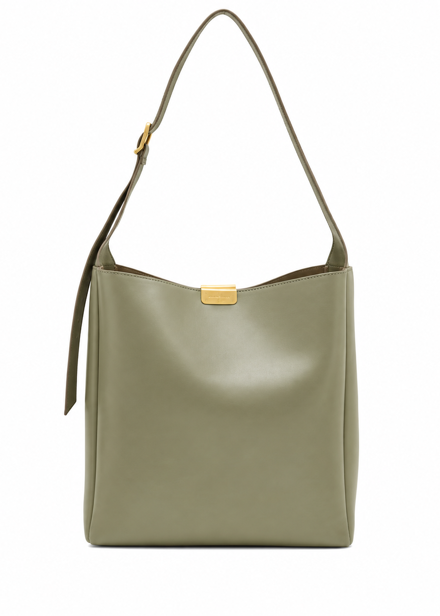 An olive green leather shoulder bag with a gold-tone metal accent on a plain white background.