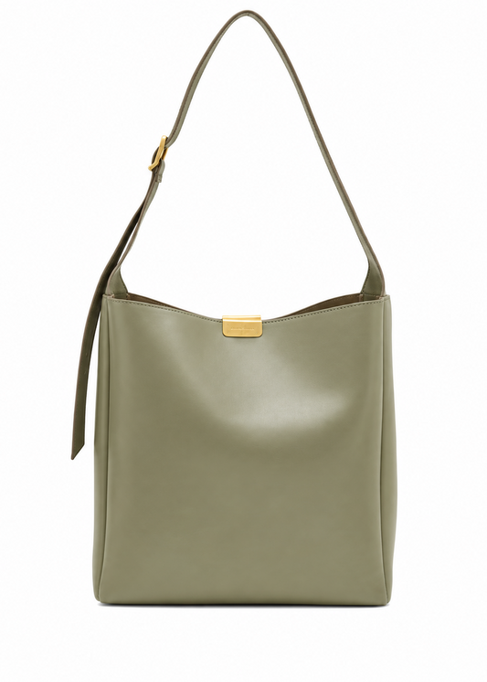 An olive green leather shoulder bag with a gold-tone metal accent on a plain white background.