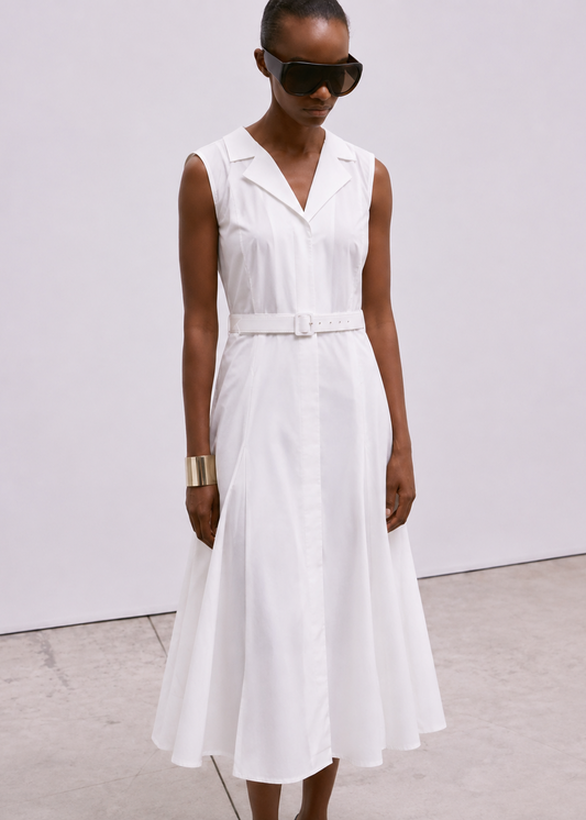 A model wearing a sleeveless white midi dress with a collar, button front, and matching belt, styled with black sunglasses and a gold cuff bracelet against a minimalist studio backdrop.
