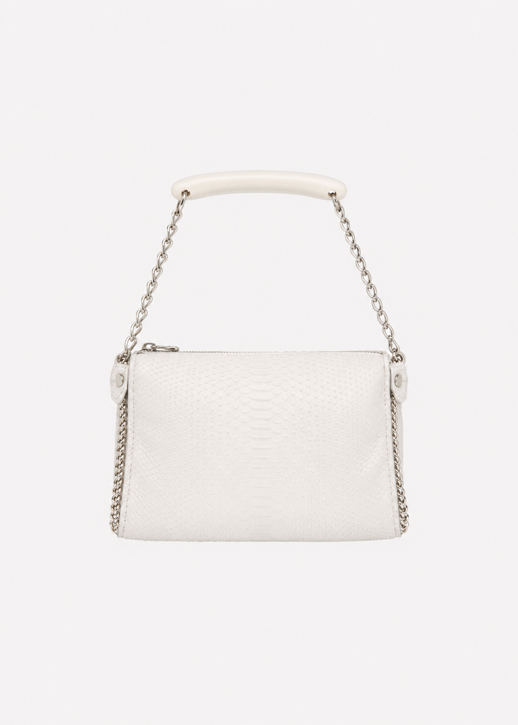 A white textured leather shoulder bag with a silver chain handle and a white faux-leather top handle, shown against a plain white background.