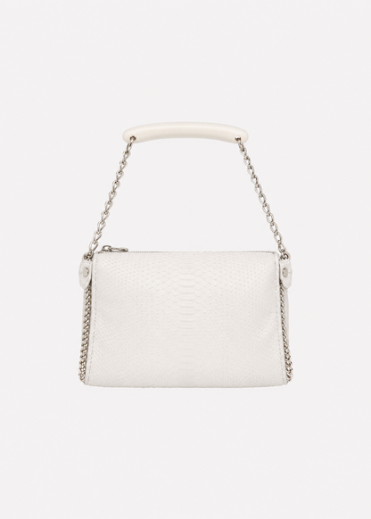 A white textured leather shoulder bag with a silver chain handle and a white faux-leather top handle, shown against a plain white background.