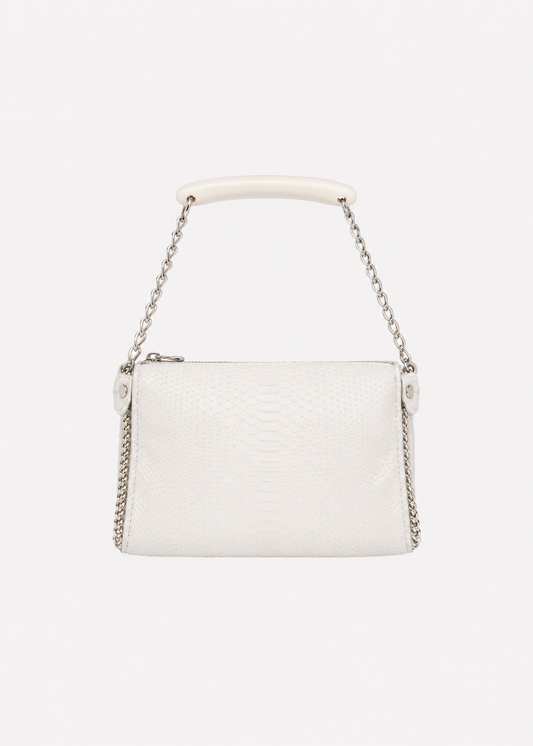 A white textured leather shoulder bag with a silver chain handle and a white faux-leather top handle, shown against a plain white background.