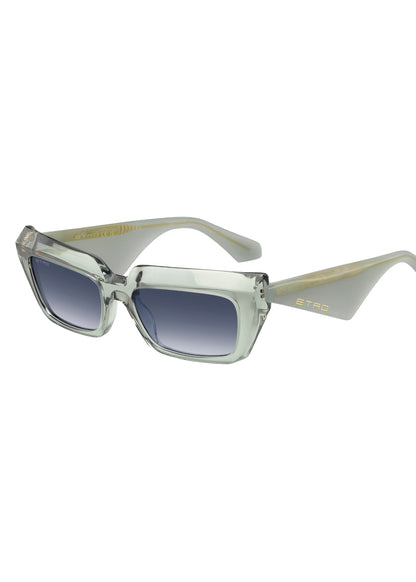 Clear frame sunglasses with gradient lenses on a white background