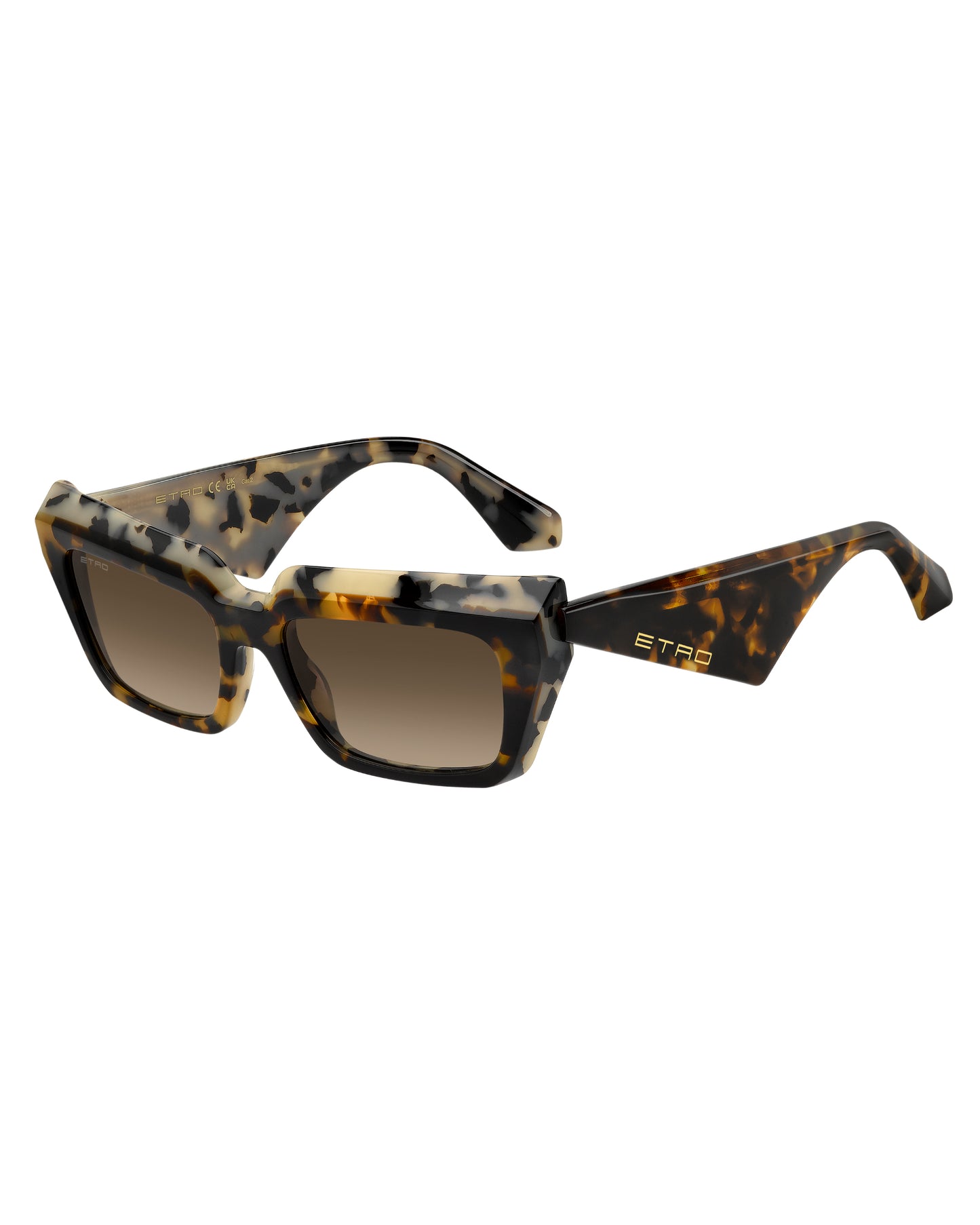 Sunglasses with tortoiseshell frame and gradient lenses on a white background