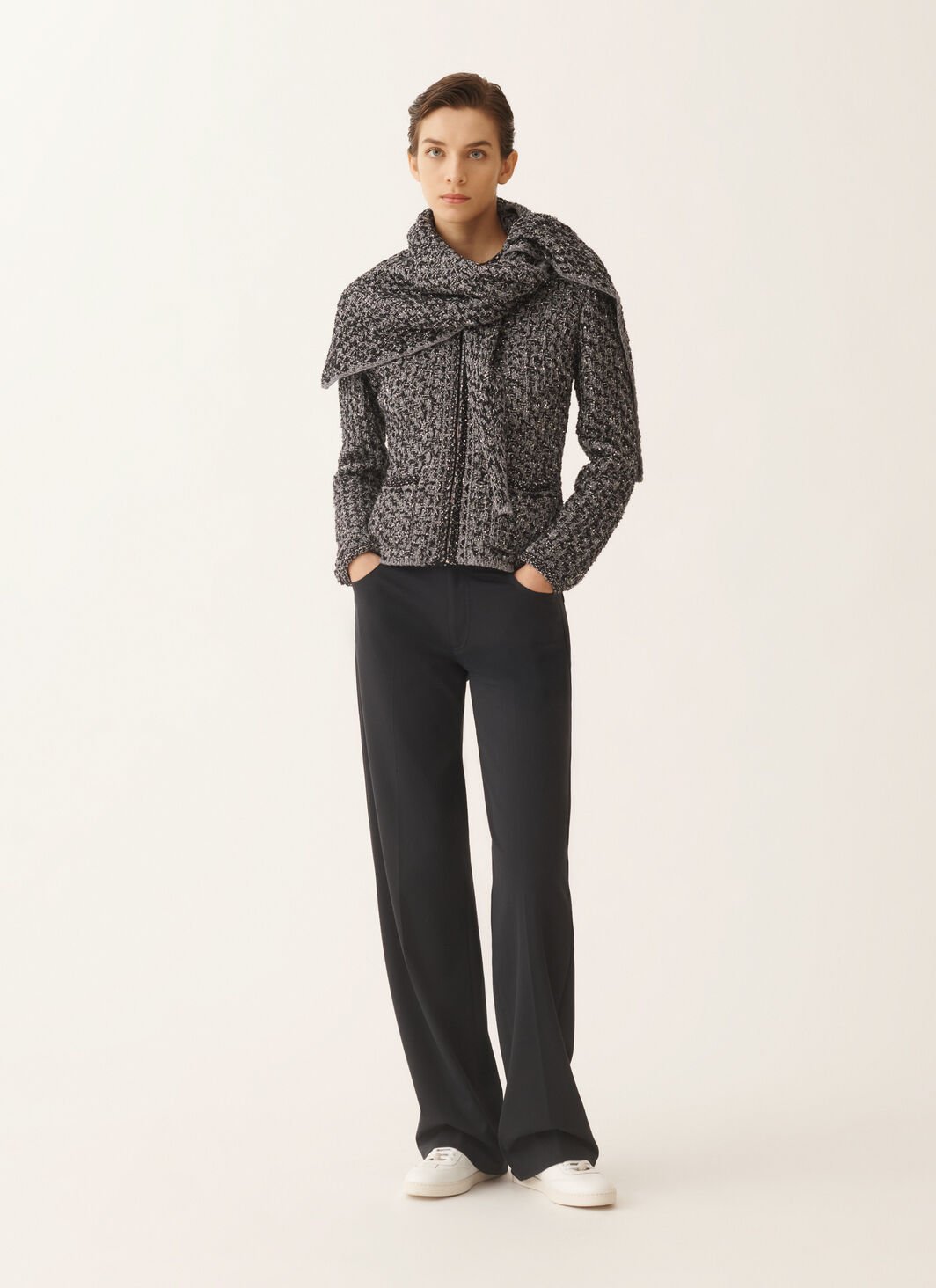DARK BLUE SEQUIN TWEED JACKET W DENIM EFFECT