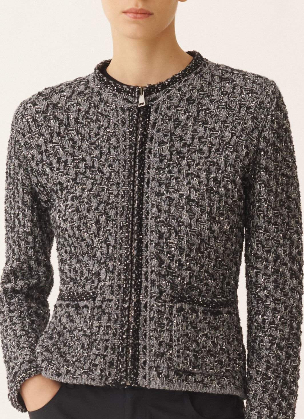 DARK BLUE SEQUIN TWEED JACKET W DENIM EFFECT