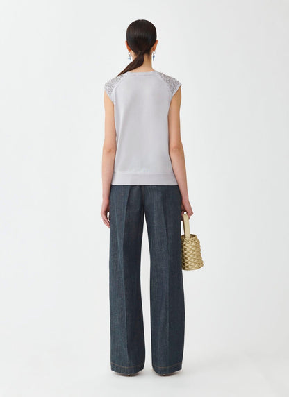 SLEEVELESS KNIT TOP W SEQUIN & BEADED INSET