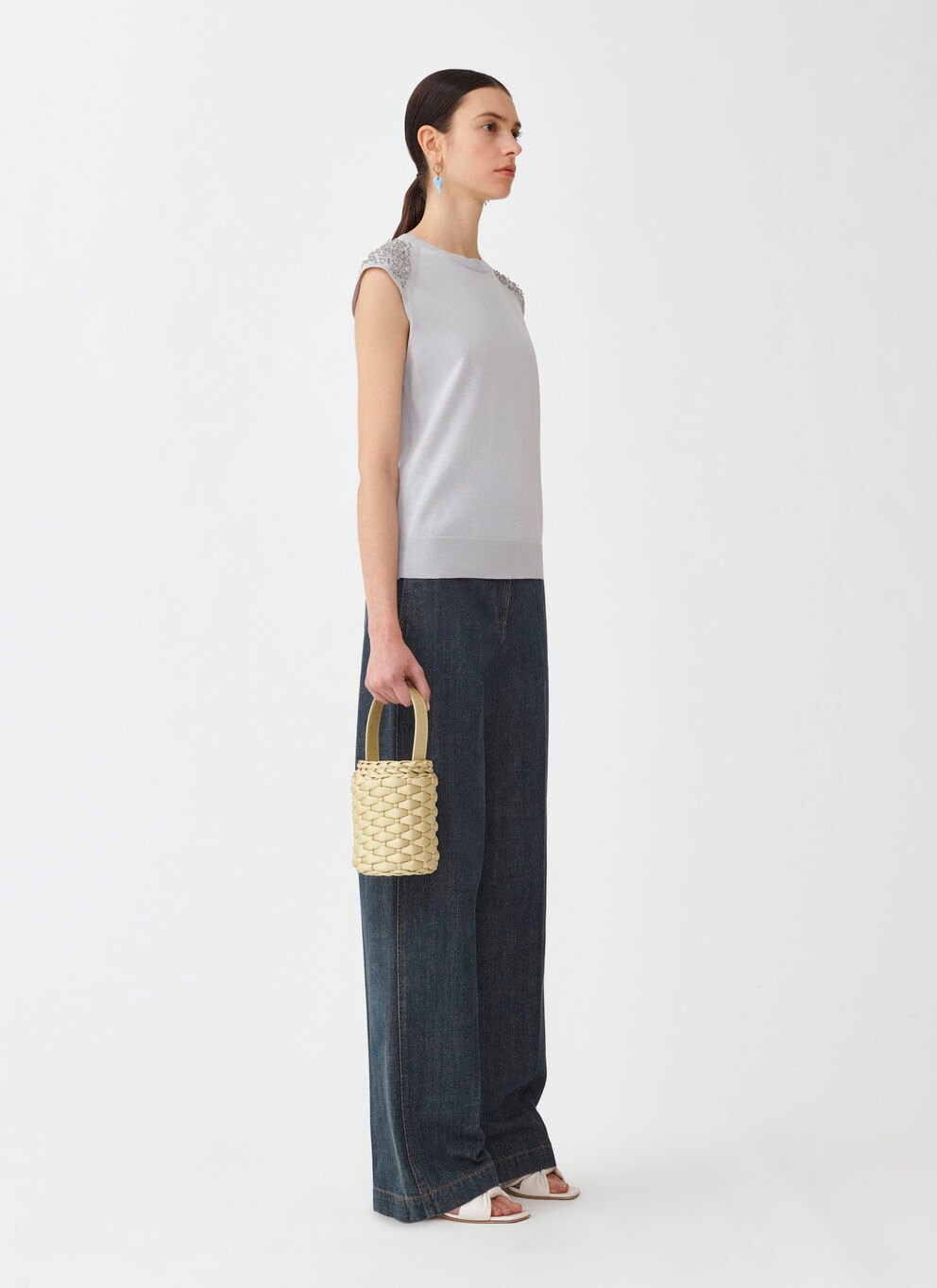 SLEEVELESS KNIT TOP W SEQUIN & BEADED INSET