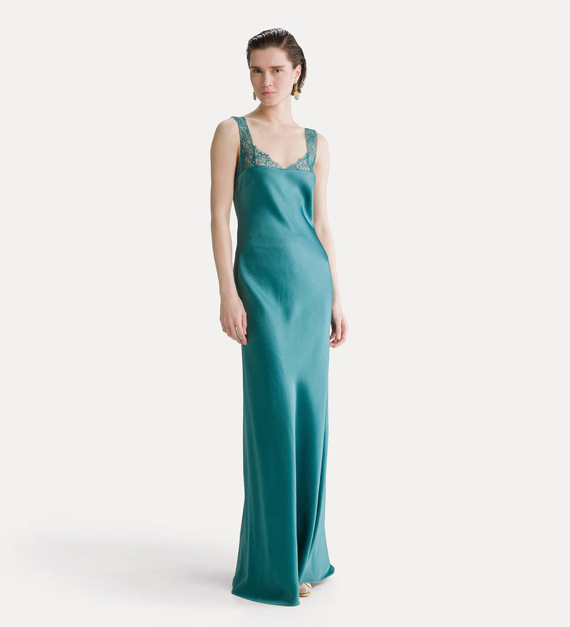 ENVERS SATIN LACE LONG DRESS JADE