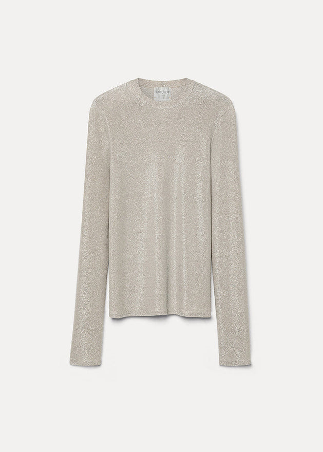 A light beige long-sleeve knit sweater with a crew neck, displayed flat against a light off-white background.