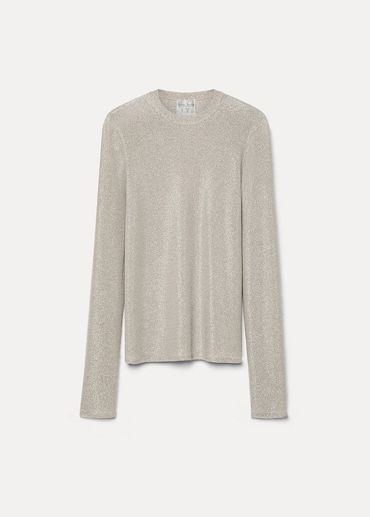 A light beige long-sleeve knit sweater with a crew neck, displayed flat against a light off-white background.