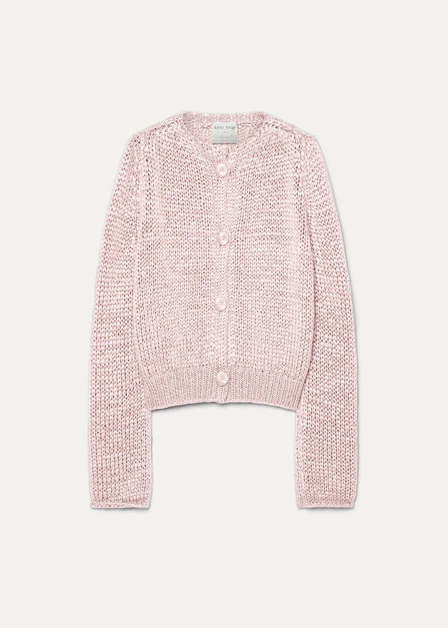 A light pink textured knit cardigan sweater with a crew neck and three-quarter sleeves, shown flat against a light gray background.