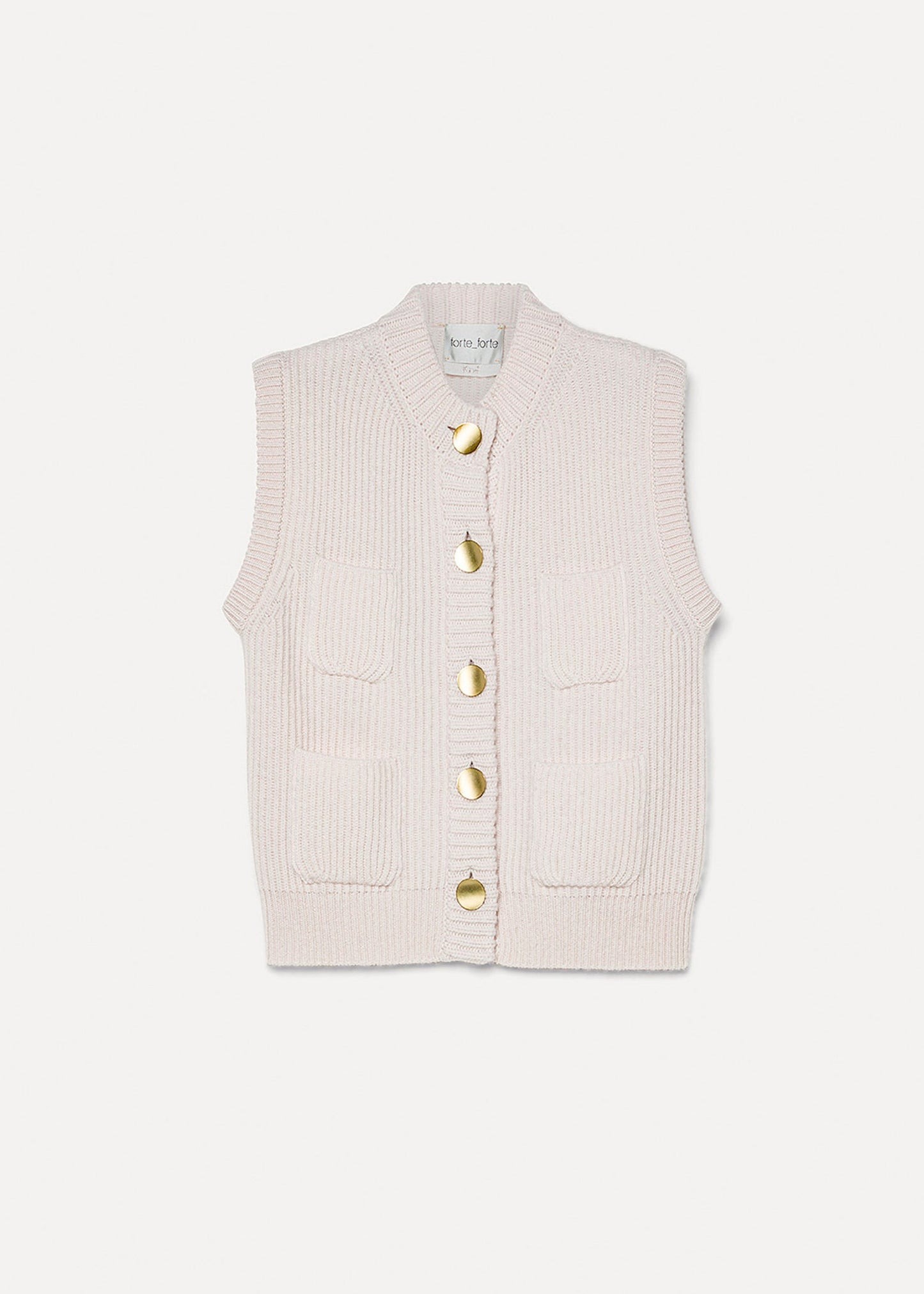 Pink ribbed knit vest with gold buttons on a white background