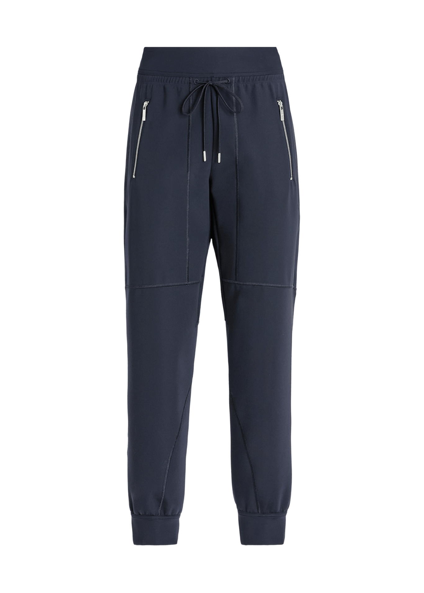 A pair of dark navy blue jogger-style pants with zippered side pockets, a drawstring waist, and elastic cuffs, shown against a plain white background.