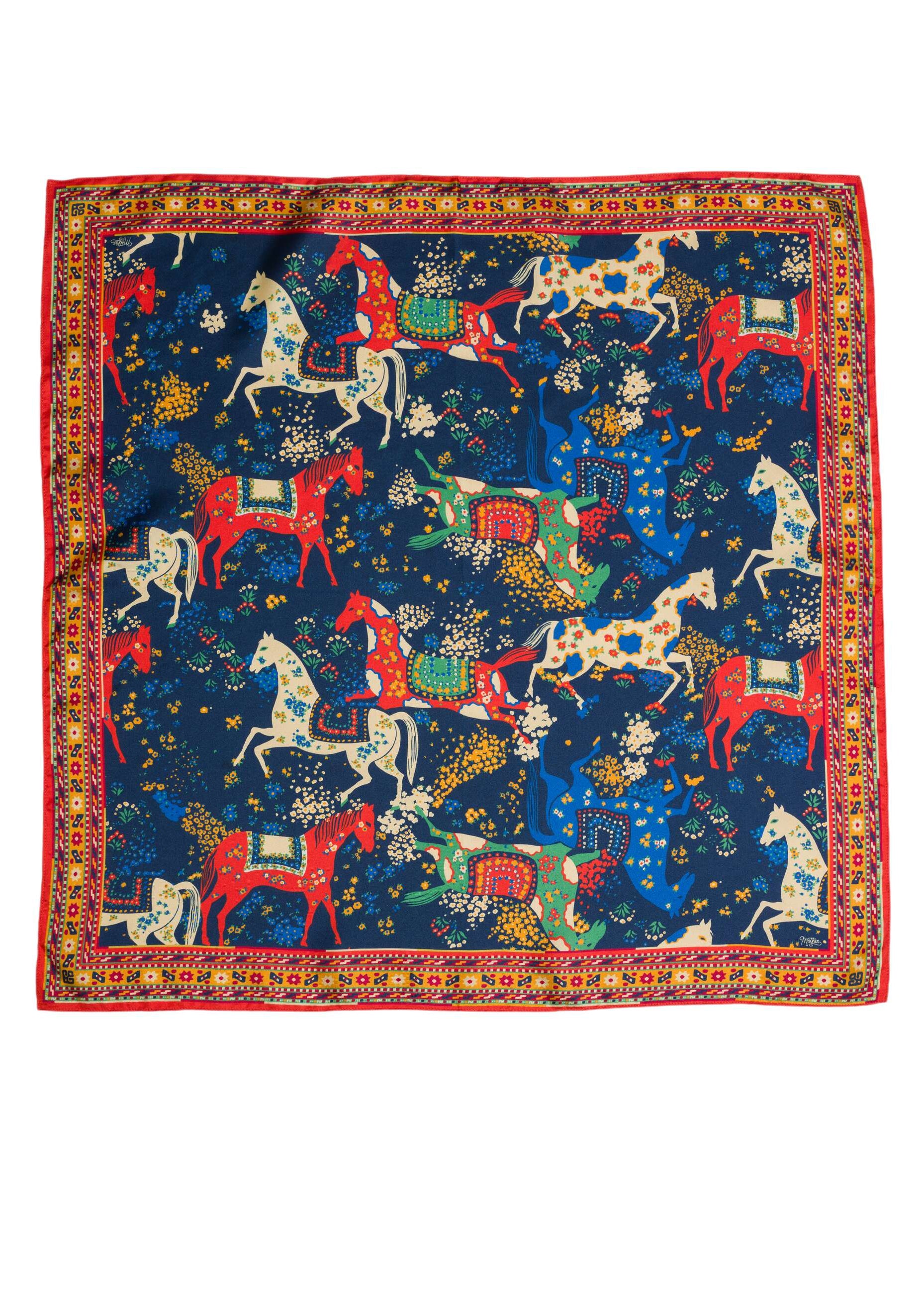 Decorative scarf with horse and cart pattern on a blue background