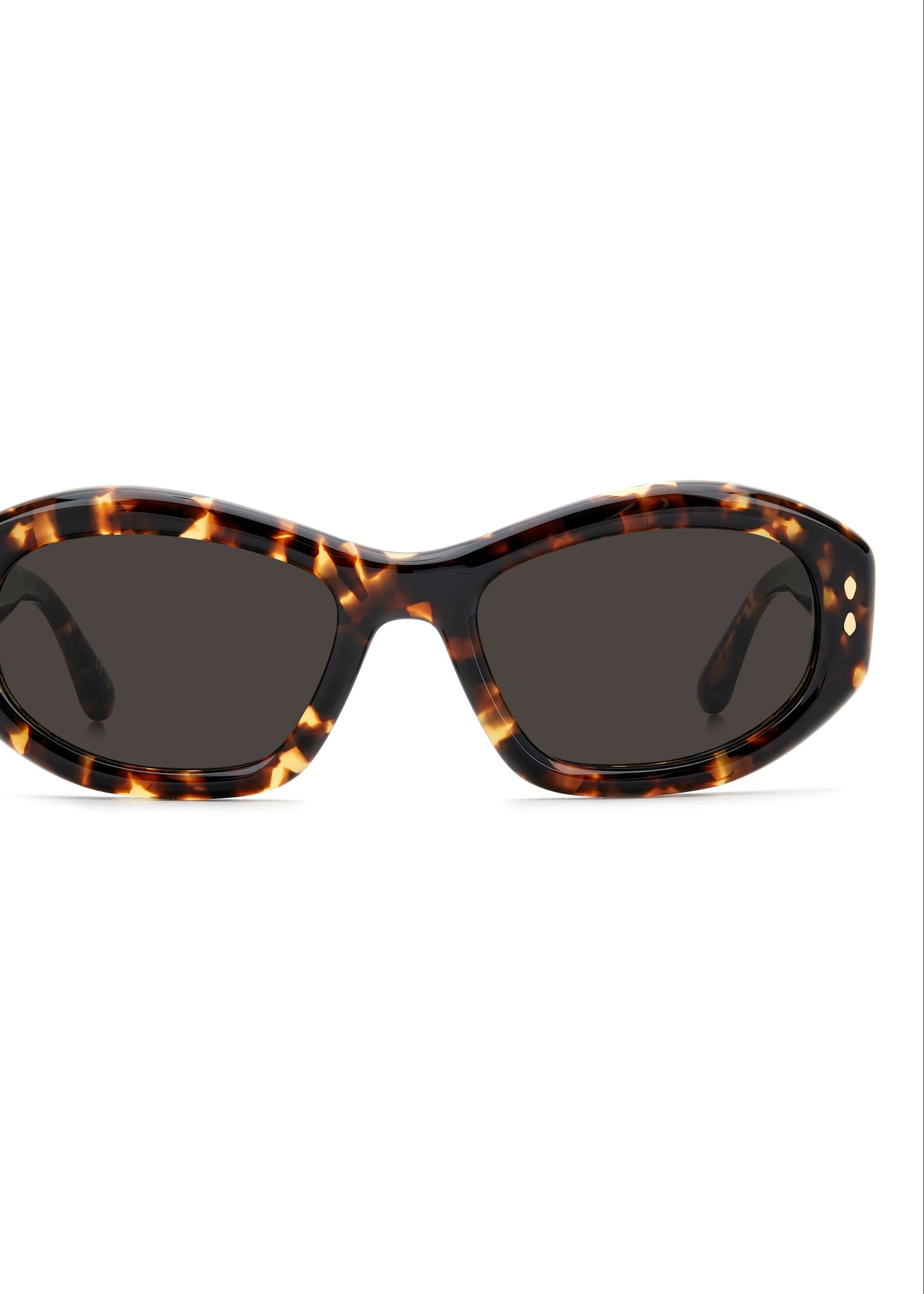 Sunglasses with tortoiseshell frame and dark lenses on a white background