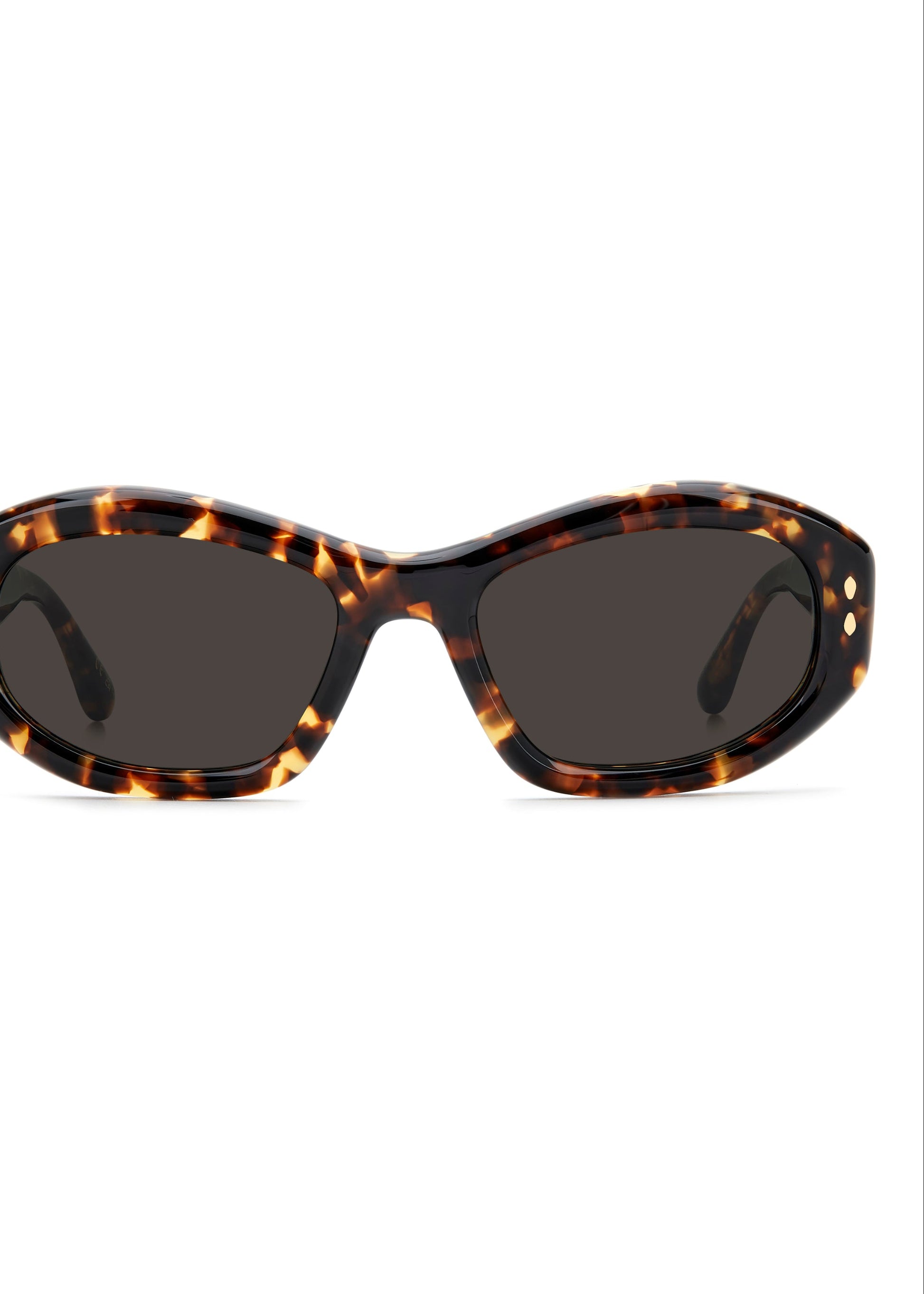 Sunglasses with tortoiseshell frame and dark lenses on a white background
