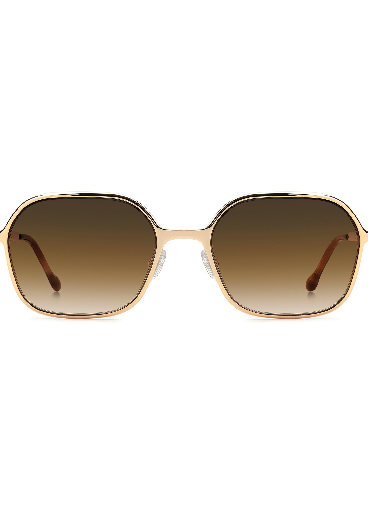 Gold-framed sunglasses with brown gradient lenses on a white background