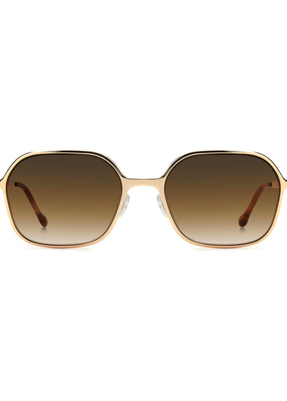 Gold-framed sunglasses with brown gradient lenses on a white background
