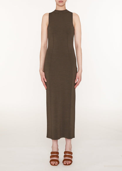Woman wearing a brown sleeveless dress on a white background