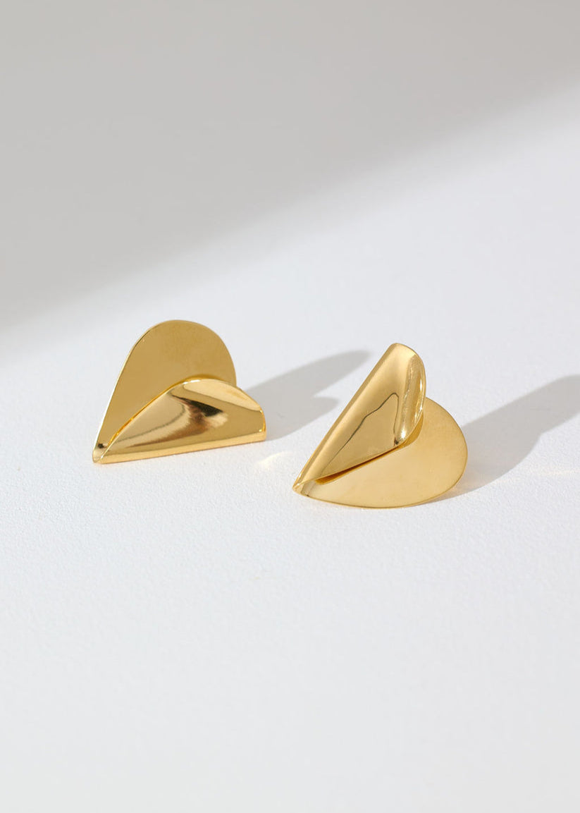 GOLD LARGE FOLDED HEART STUDS