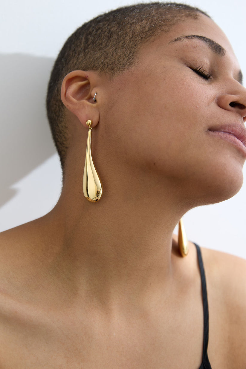 GOLD LONG HOLLOW FORM TEAR DROP STUD EARRINGS