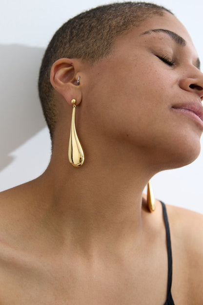 GOLD LONG HOLLOW FORM TEAR DROP STUD EARRINGS