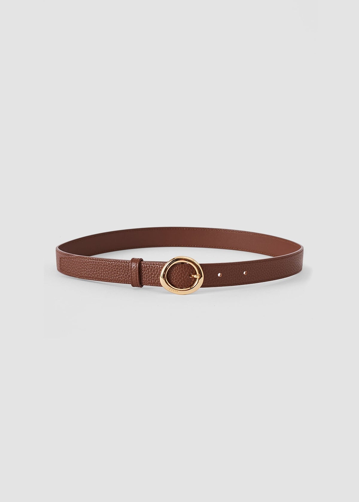 A brown leather belt with a textured finish and a gold-tone circular buckle, displayed on a light gray background.