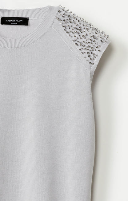 SLEEVELESS KNIT TOP W SEQUIN & BEADED INSET