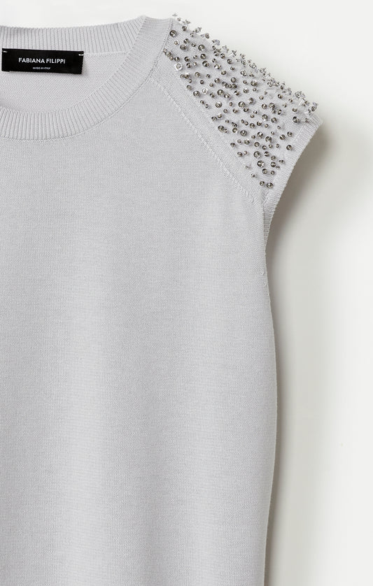 SLEEVELESS KNIT TOP W SEQUIN & BEADED INSET