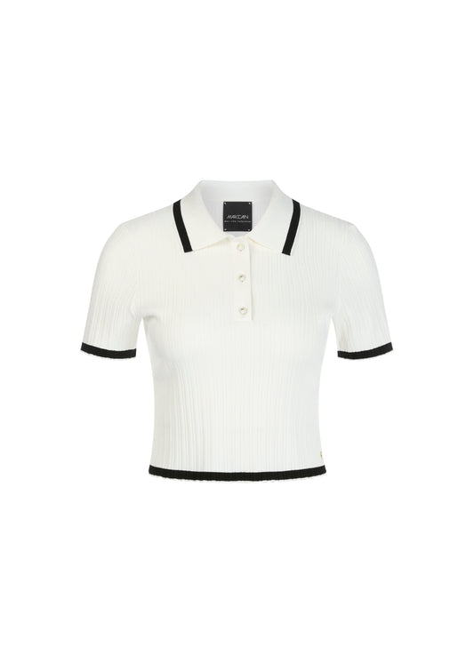 White polo shirt with black trim on a white background