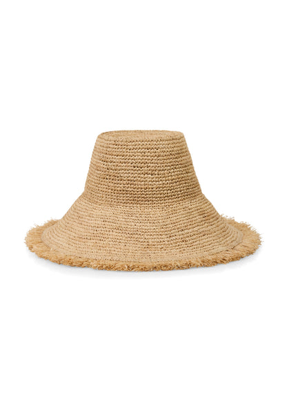 Beige woven hat on a white background