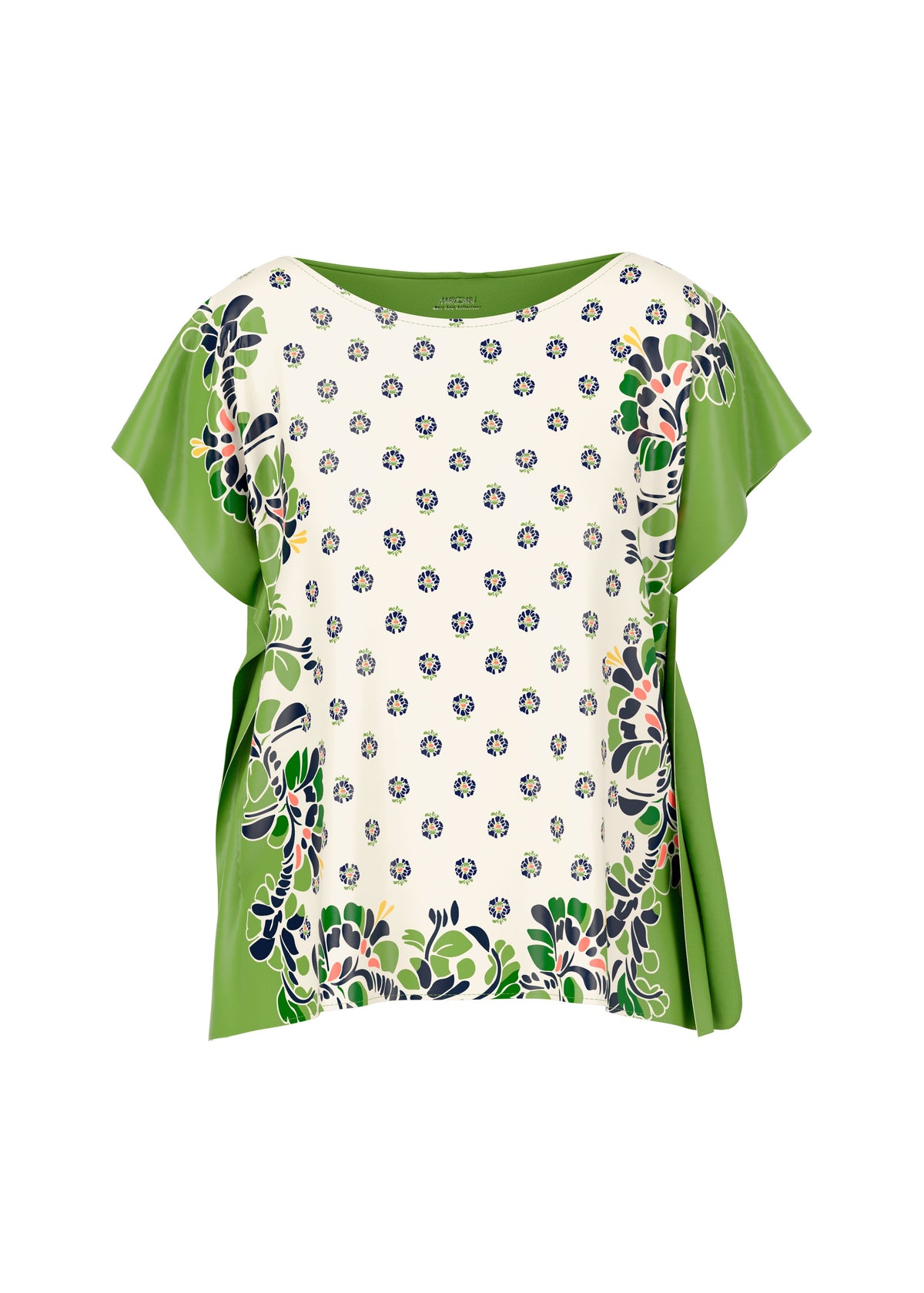 Green and white floral patterned top on a white background