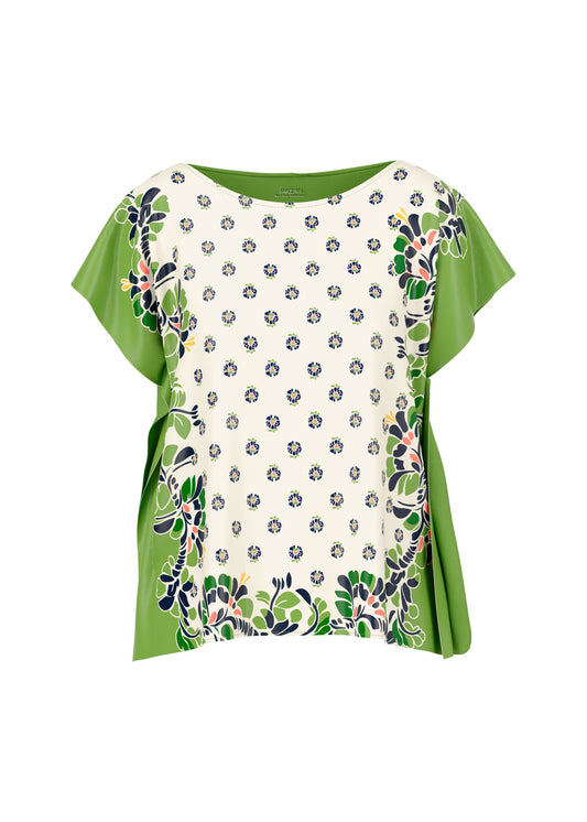 Green and white floral patterned top on a white background