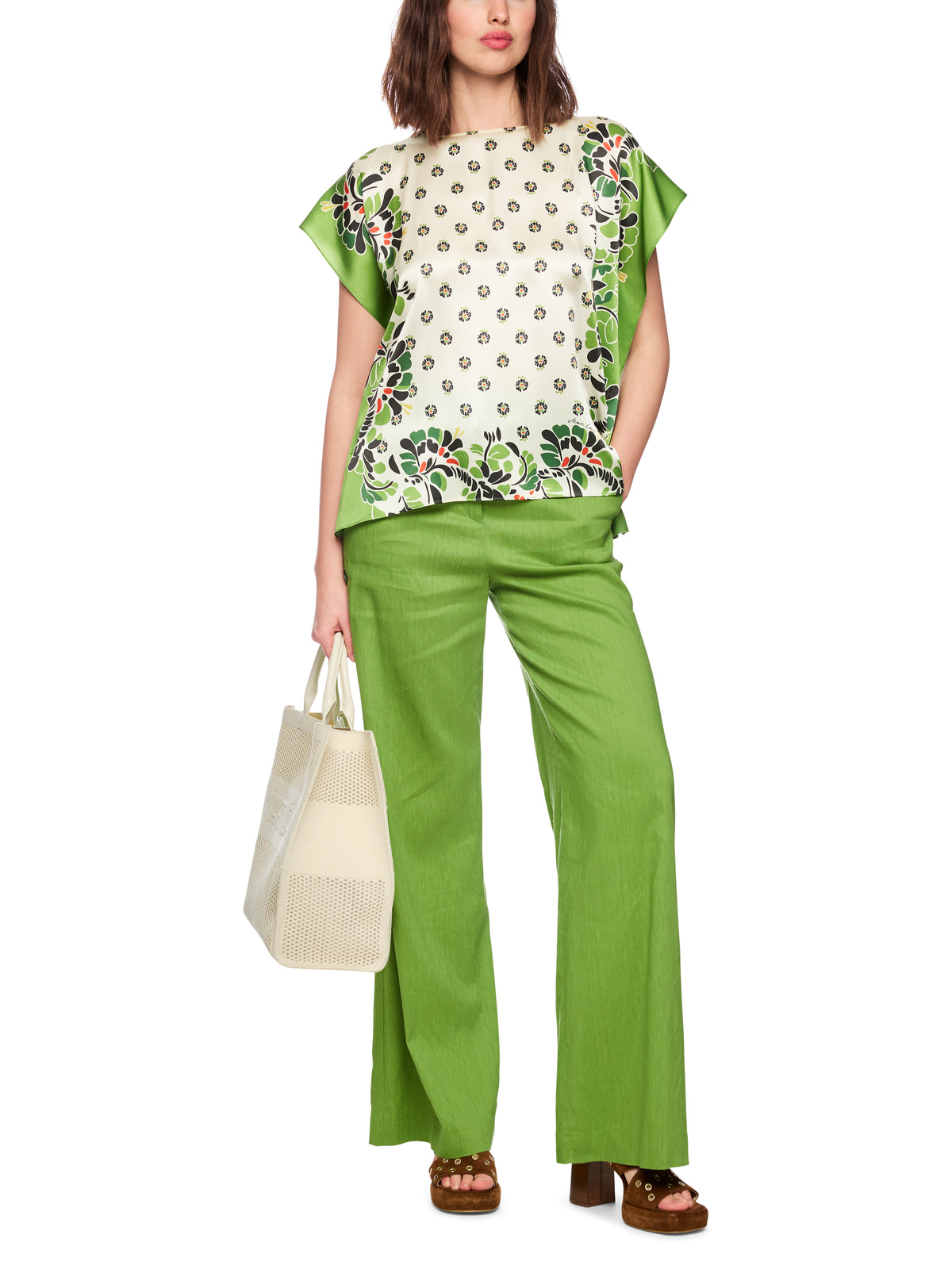 BLOUSE TOP W HIBISCUS PRINT BRIGHT ECRU