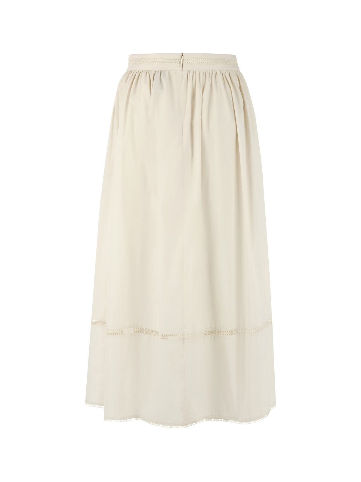 An off-white midi skirt with a gathered elastic waistband and subtle horizontal ruffle details near the lower half, shown against a plain white background.