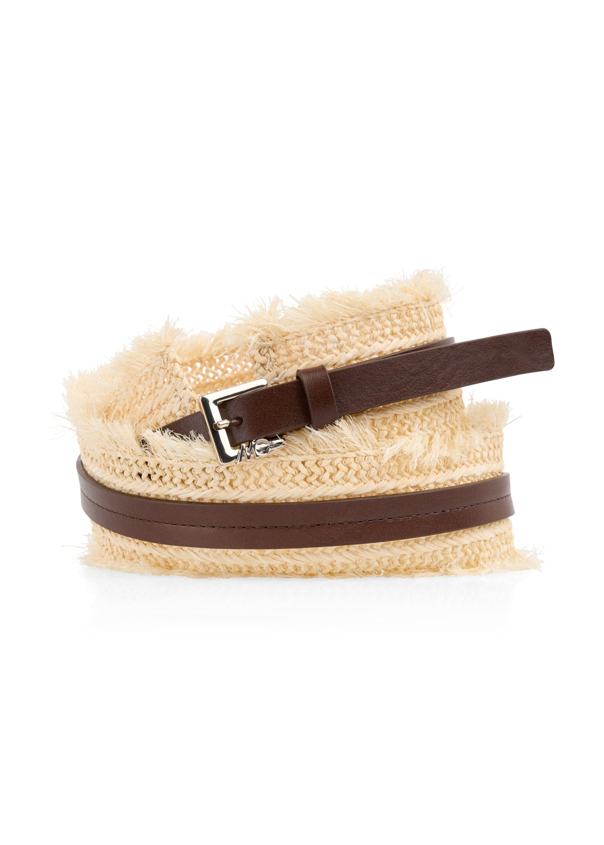 A woven straw belt with a dark brown leather strap and a silver-tone metal buckle, coiled on a white background.