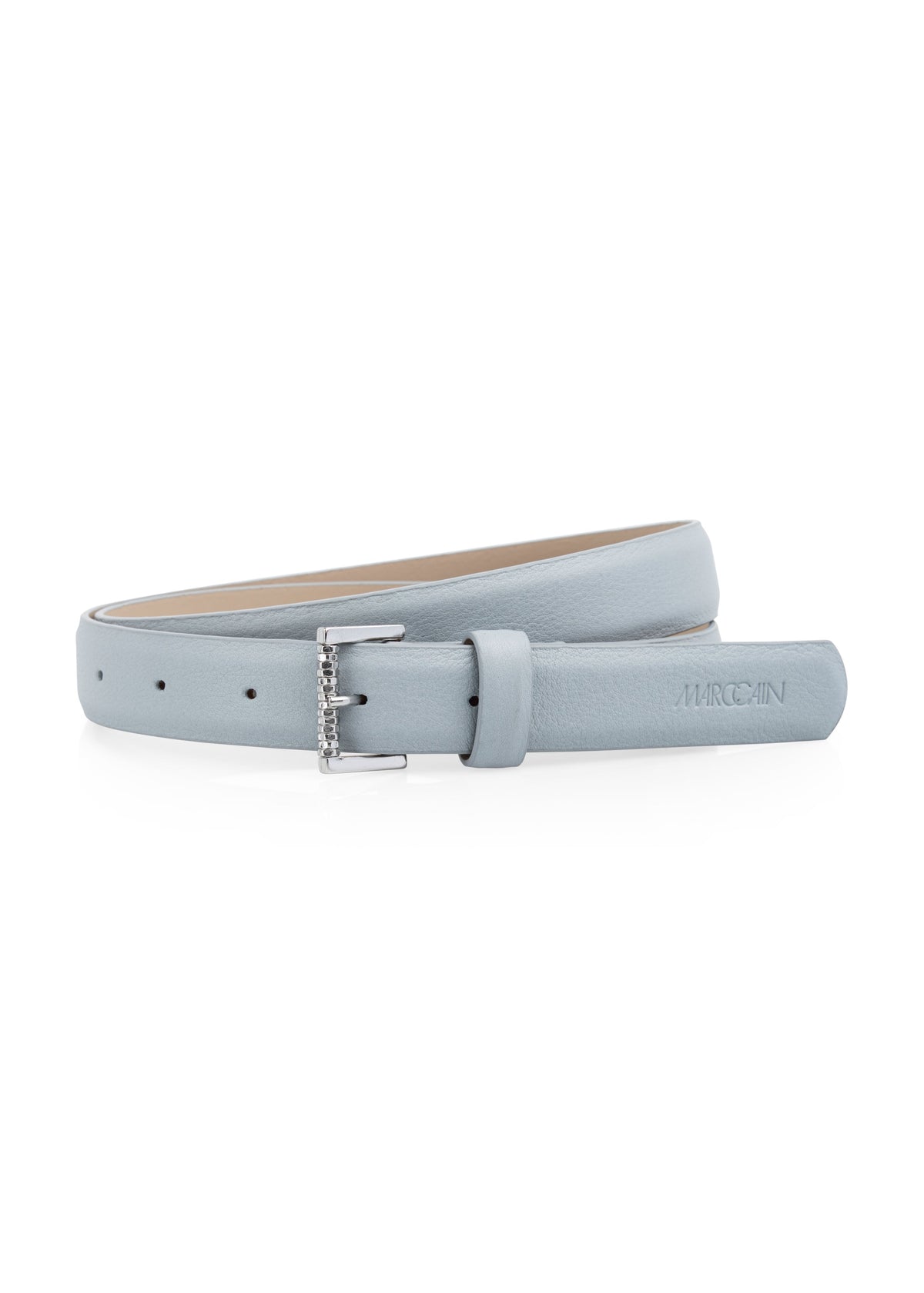 Light blue belt with a silver buckle on a white background