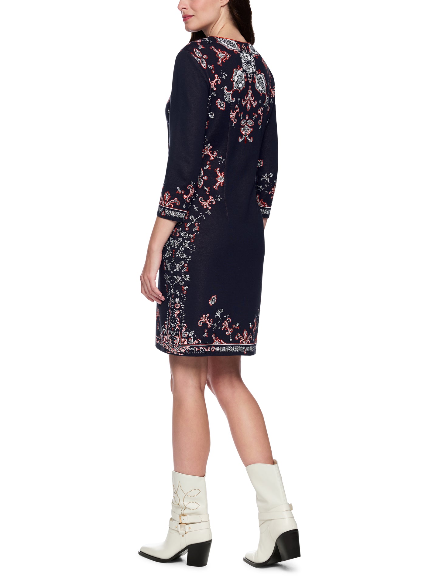 FINE JACQUARD PATTERN KNITTED DRESS NAVY