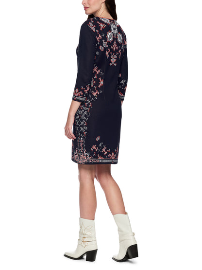 FINE JACQUARD PATTERN KNITTED DRESS NAVY