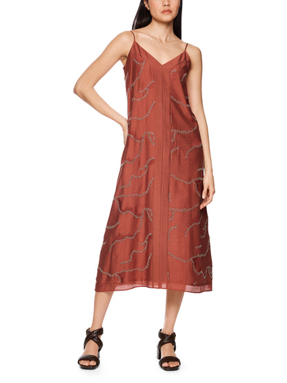 SPAGHETTI STRAP DRESS W PEARL EMBROIDERED RUSTY RED