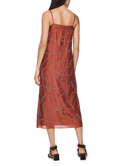 SPAGHETTI STRAP DRESS W PEARL EMBROIDERED RUSTY RED